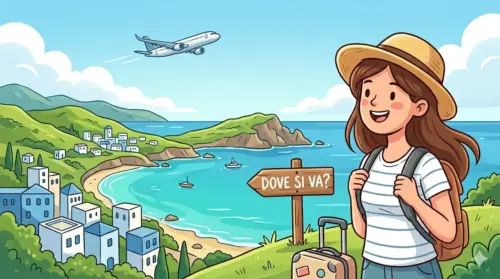 Un'illustrazione cartoon di una sorridente viaggiatrice con cappello e zaino, che guarda un paesaggio costiero mediterraneo. Un cartello di legno con la scritta "DOVE SI VA?" è accanto a lei, mentre un aereo vola nel cielo. (Immagine generata da IA).