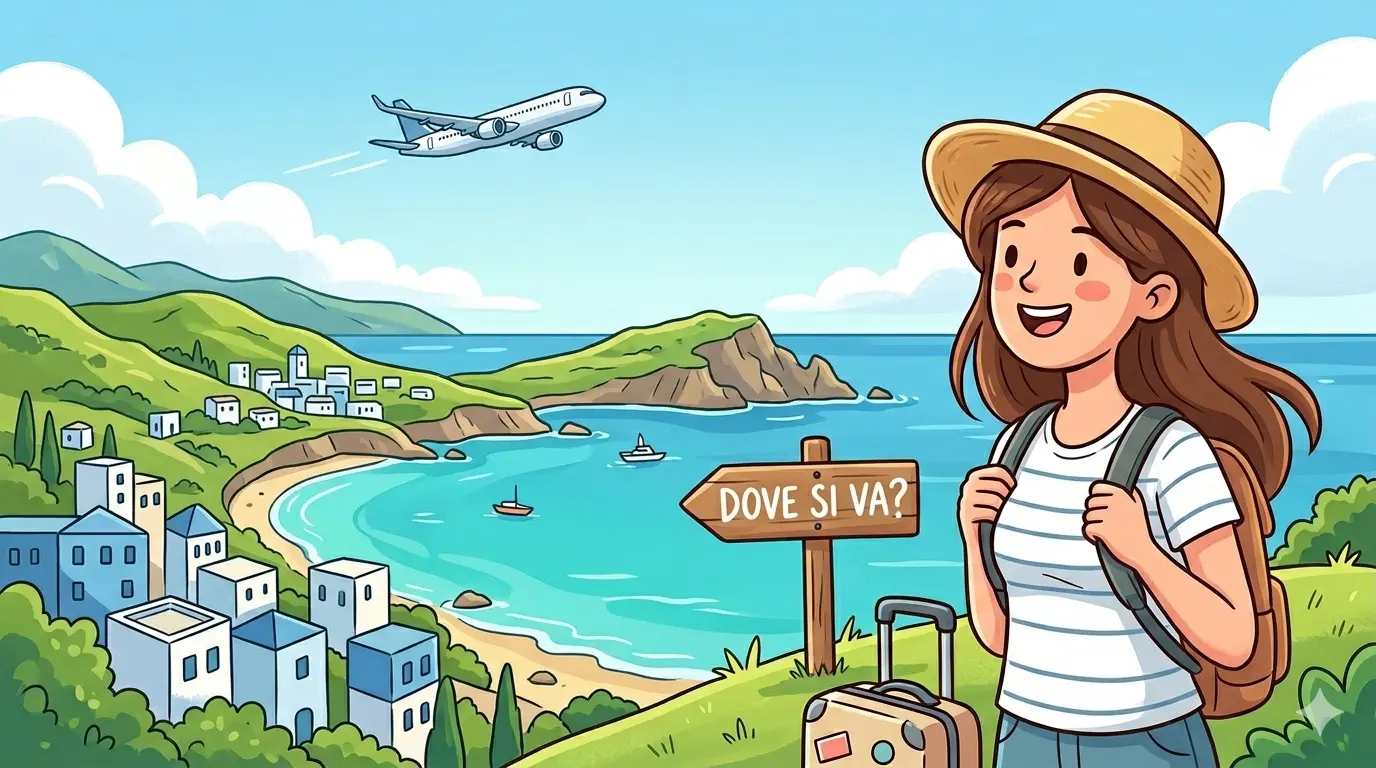 Un'illustrazione cartoon di una sorridente viaggiatrice con cappello e zaino, che guarda un paesaggio costiero mediterraneo. Un cartello di legno con la scritta "DOVE SI VA?" è accanto a lei, mentre un aereo vola nel cielo. (Immagine generata da IA).