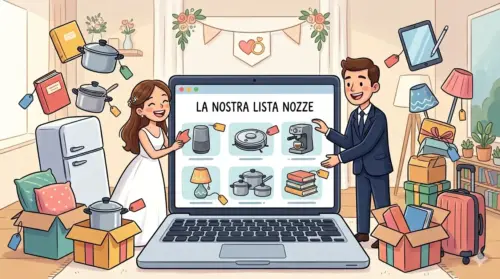 Illustrazione cartoon di una coppia di sposi che gestisce la loro Lista Nozze Amazon su un laptop circondato da regali per la casa e tecnologia. Immagine generata da AI.