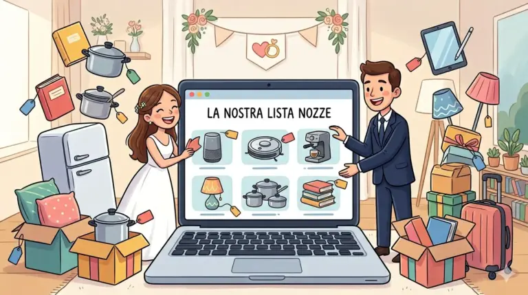 Illustrazione cartoon di una coppia di sposi che gestisce la loro Lista Nozze Amazon su un laptop circondato da regali per la casa e tecnologia. Immagine generata da AI.