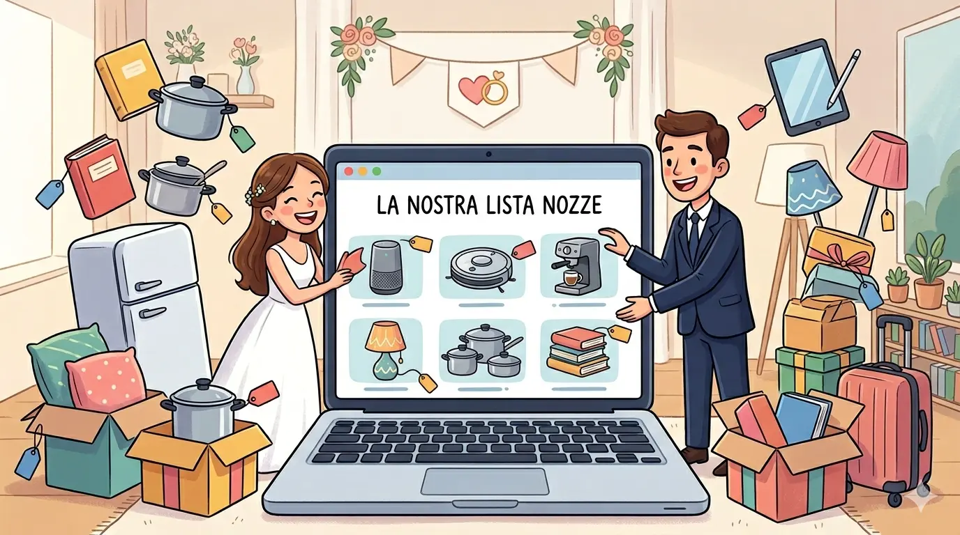 Illustrazione cartoon di una coppia di sposi che gestisce la loro Lista Nozze Amazon su un laptop circondato da regali per la casa e tecnologia. Immagine generata da AI.