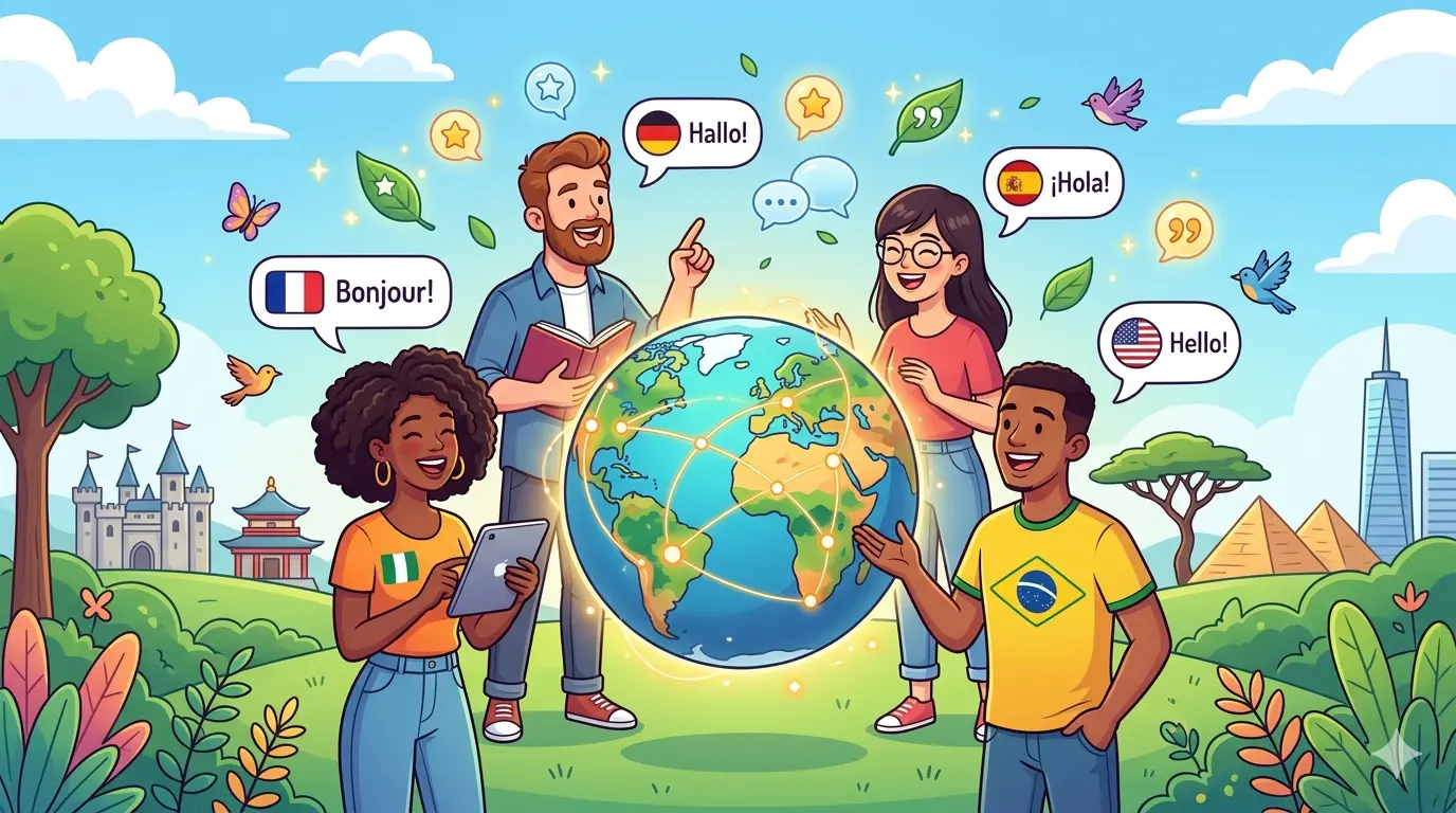 Un'illustrazione in stile cartoon mostra quattro persone di diverse nazionalità sorridenti attorno a un globo terrestre luminoso. Dalle loro bocche escono fumetti con saluti in varie lingue, come "Hello!", "¡Hola!", "Bonjour!" e "Hallo!", sormontati da icone delle bandiere corrispondenti. Sullo sfondo si intravedono monumenti globali e un paesaggio verdeggiante.