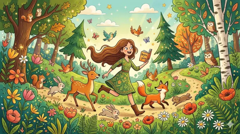 Illustrazione in stile cartoon generata da intelligenza artificiale, che mostra una donna che legge un libro mentre cammina gioiosamente in un bosco pieno di animali e fiori, ispirata ai temi della natura e della gioia della raccolta poetica "Bestia di gioia" di Mariangela Gualtieri.