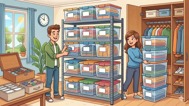 Due personaggi dei cartoni animati che organizzano vestiti in scatole di plastica su scaffali e armadi.