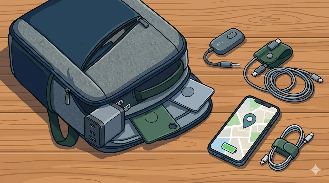 Kit organizzato con zaino e gadget viaggio 2026 su un tavolo in legno. Illustrazione in stile cartoon pulito generata da AI.