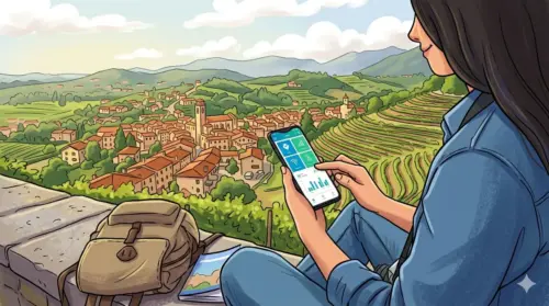 Un'illustrazione digitale in stile cartoon mostra una viaggiatrice seduta su un muretto di pietra, che usa uno smartphone per monitorare i dati mobili. Sullo schermo sono visibili icone e grafici di utilizzo dati, senza marchi. Sul muretto accanto a lei ci sono uno zaino e una mappa. Sullo sfondo si estende un vasto paesaggio di colline coperte da vigneti terrazzati e un villaggio tradizionale con tetti in terracotta sotto un cielo nuvoloso.