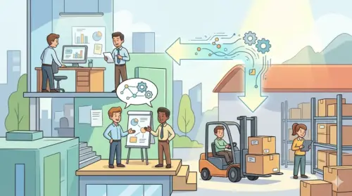 Illustrazione stile cartoon di un ufficio e un magazzino collegati da flussi di dati e comunicazione. Immagine generata con AI.