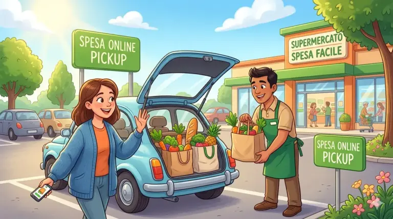 Un'illustrazione a fumetti che mostra una donna sorridente che utilizza un servizio di ritiro della spesa online in un supermercato. Un dipendente mette dei sacchetti pieni di frutta e verdura fresca direttamente nel bagagliaio aperto della sua auto d'epoca azzurra. Sullo sfondo si vede l'edificio del supermercato con cartelli con scritto "Ritiro Spesa Online" e "Supermercato Spesa Facile". Generato dall'IA.