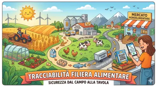 Un'illustrazione in stile cartone animato della filiera alimentare italiana. Mostra il viaggio del cibo dalla coltivazione nei campi e dall'allevamento, attraverso la lavorazione in fabbrica e il trasporto sicuro, fino a un mercato agroalimentare. Un consumatore scansiona un codice QR su un prodotto con uno smartphone per verificare l'origine e la sicurezza, evidenziando il concetto di tracciabilità. Generato da IA.