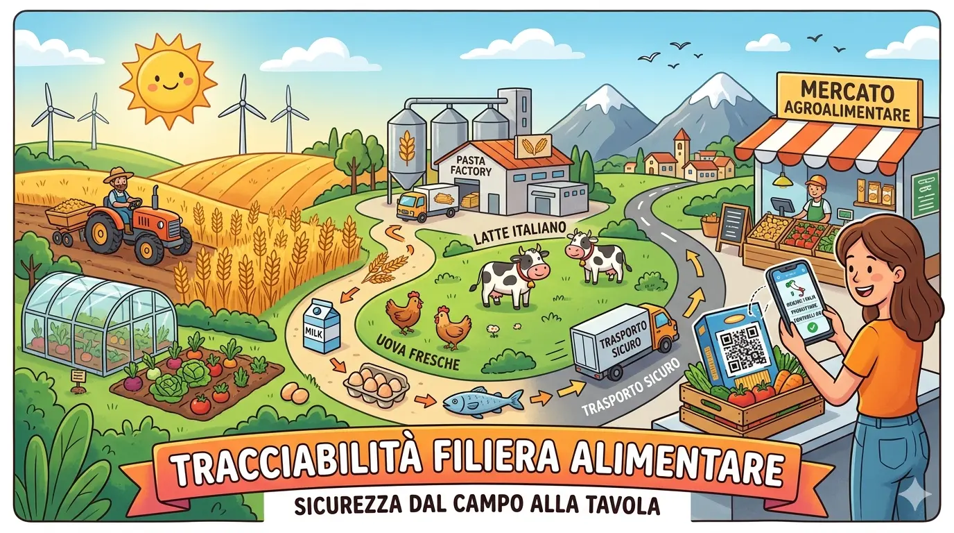 Un'illustrazione in stile cartone animato della filiera alimentare italiana. Mostra il viaggio del cibo dalla coltivazione nei campi e dall'allevamento, attraverso la lavorazione in fabbrica e il trasporto sicuro, fino a un mercato agroalimentare. Un consumatore scansiona un codice QR su un prodotto con uno smartphone per verificare l'origine e la sicurezza, evidenziando il concetto di tracciabilità. Generato da IA.