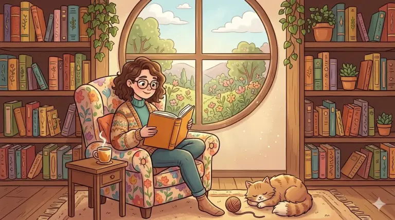 Illustrazione stile cartoon di una donna che legge un libro su una poltrona fiorita, perfetta per chi cerca Mondadori Store libri online.