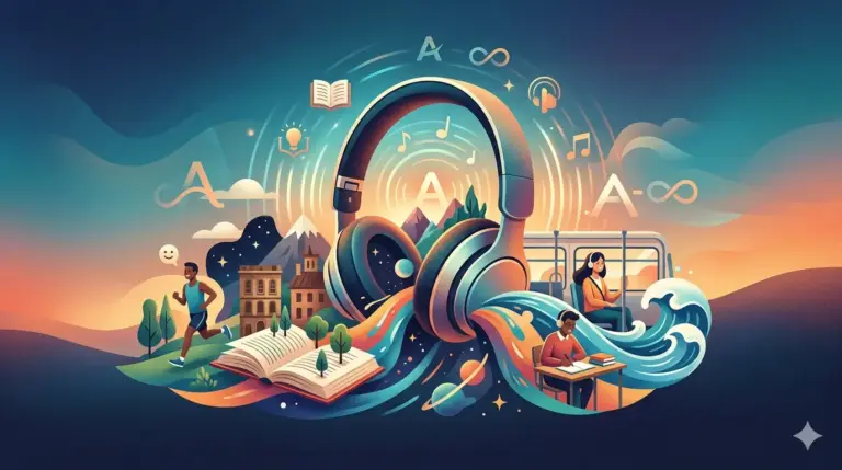 Un'illustrazione concettuale e vibrante che raffigura un paio di cuffie sovradimensionate al centro. Dalle cuffie scaturiscono flussi colorati di elementi narrativi e musicali, collegandole a varie scene: un uomo che corre, una donna su un treno, uno studente che studia, libri aperti, paesaggi e note musicali. La composizione simboleggia l'universo illimitato e coinvolgente dei contenuti audio, evocando temi di apprendimento, intrattenimento e scoperta ovunque e in qualsiasi momento. Immagine generata dall'intelligenza artificiale.