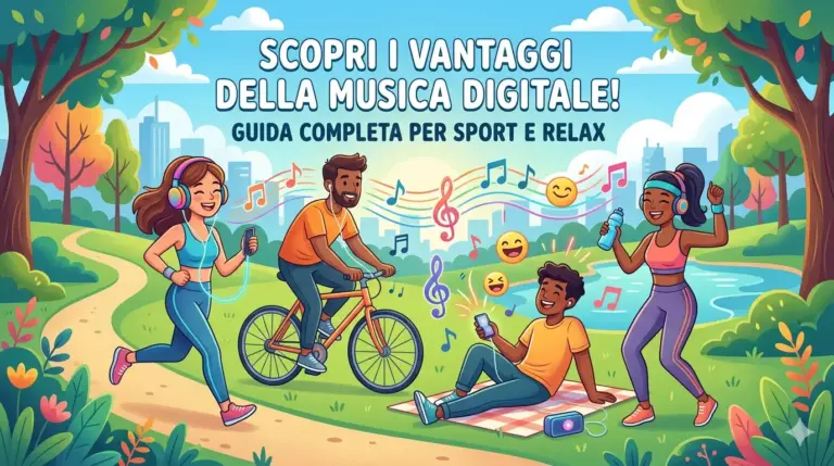 Illustrazione in stile cartoon che mostra quattro persone che ascoltano musica in un parco durante diverse attività come correre, andare in bicicletta e rilassarsi, con note musicali e la scritta "SCOPRI I VANTAGGI DELLA MUSICA DIGITALE!" in alto.