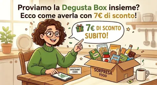 llustrazione in stile cartoon di una ragazza con gli occhiali che indica una scatola di prodotti alimentari a sorpresa sul tavolo della cucina. Immagine generata da AI.