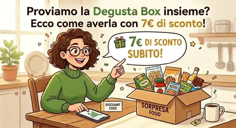 llustrazione in stile cartoon di una ragazza con gli occhiali che indica una scatola di prodotti alimentari a sorpresa sul tavolo della cucina. Immagine generata da AI.