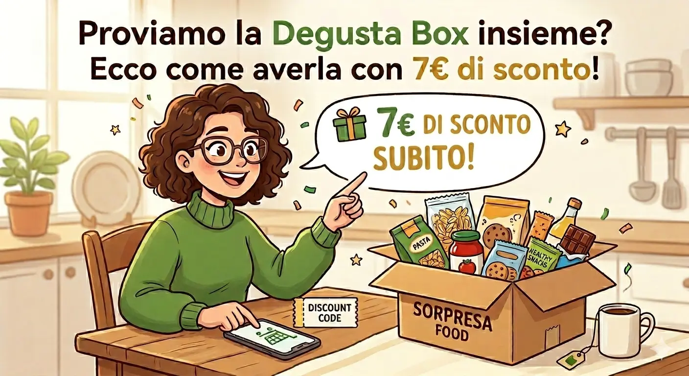 llustrazione in stile cartoon di una ragazza con gli occhiali che indica una scatola di prodotti alimentari a sorpresa sul tavolo della cucina. Immagine generata da AI.